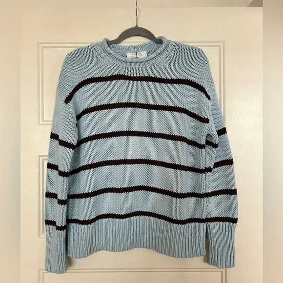 La Ligne NWT Marina Cotton Sweater Light Blue and Olive Stripes Small - Picture 2 of 5